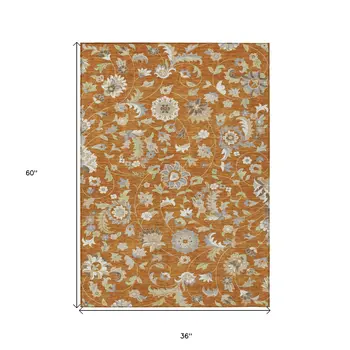 3' X 5' Copper Green And Gray Floral Washable Indoor Outdoor Area Rug