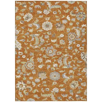 3' X 5' Copper Green And Gray Floral Washable Indoor Outdoor Area Rug