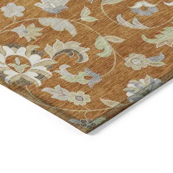3' X 5' Copper Green And Gray Floral Washable Indoor Outdoor Area Rug
