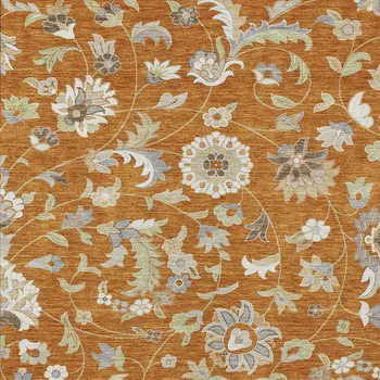 3' X 5' Copper Green And Gray Floral Washable Indoor Outdoor Area Rug