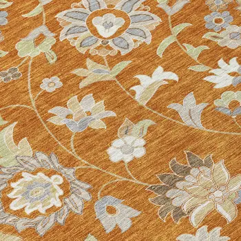 3' X 5' Copper Green And Gray Floral Washable Indoor Outdoor Area Rug