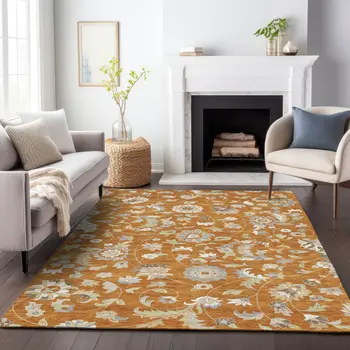 3' X 5' Copper Green And Gray Floral Washable Indoor Outdoor Area Rug
