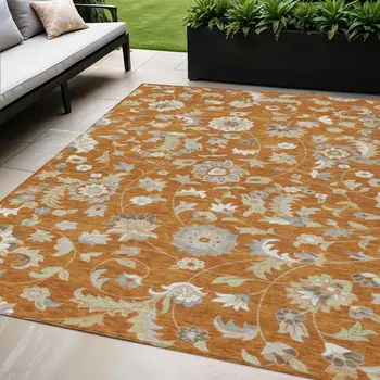 5' X 8' Copper Green And Gray Floral Washable Indoor Outdoor Area Rug