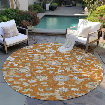 8' Copper Green And Gray Round Floral Washable Indoor Outdoor Area Rug