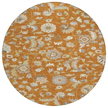 8' Copper Green And Gray Round Floral Washable Indoor Outdoor Area Rug