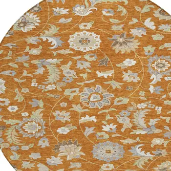 8' Copper Green And Gray Round Floral Washable Indoor Outdoor Area Rug