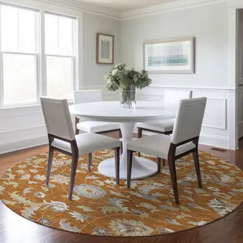 8' Copper Green And Gray Round Floral Washable Indoor Outdoor Area Rug