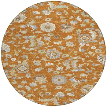 8' Copper Green And Gray Round Floral Washable Indoor Outdoor Area Rug
