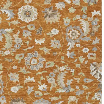 8' X 10' Copper Green And Gray Floral Washable Indoor Outdoor Area Rug