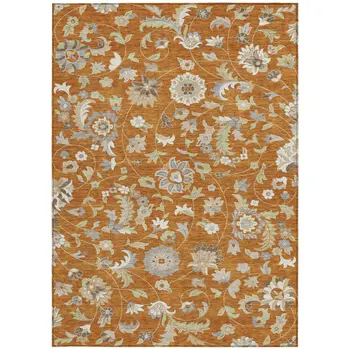 9' X 12' Copper Green And Gray Floral Washable Indoor Outdoor Area Rug