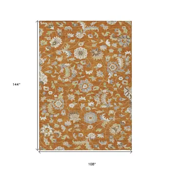 9' X 12' Copper Green And Gray Floral Washable Indoor Outdoor Area Rug