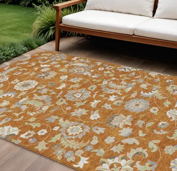10' X 14' Copper Green And Gray Floral Washable Indoor Outdoor Area Rug