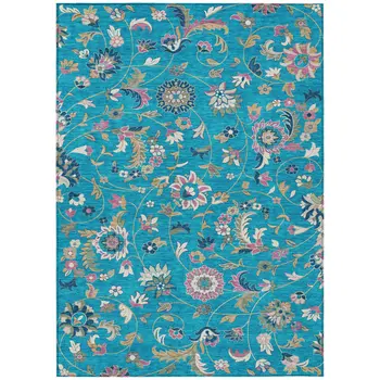 3' X 5' Teal Blue Ivory And Pink Floral Washable Indoor Outdoor Area Rug