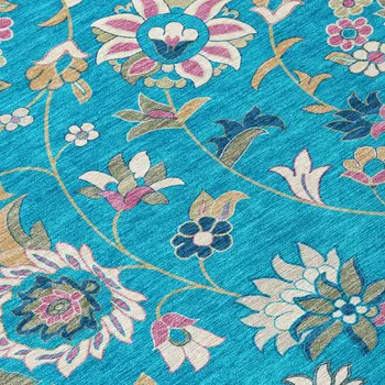 3' X 5' Teal Blue Ivory And Pink Floral Washable Indoor Outdoor Area Rug