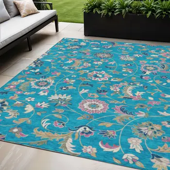 5' X 8' Teal Blue Ivory And Pink Floral Washable Indoor Outdoor Area Rug