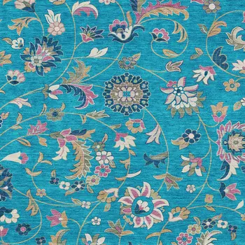 9' X 12' Teal Blue Ivory And Pink Floral Washable Indoor Outdoor Area Rug
