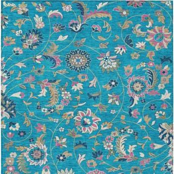 10' X 14' Teal Blue Ivory And Pink Floral Washable Indoor Outdoor Area Rug