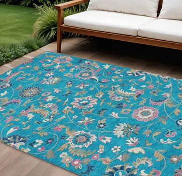 10' X 14' Teal Blue Ivory And Pink Floral Washable Indoor Outdoor Area Rug