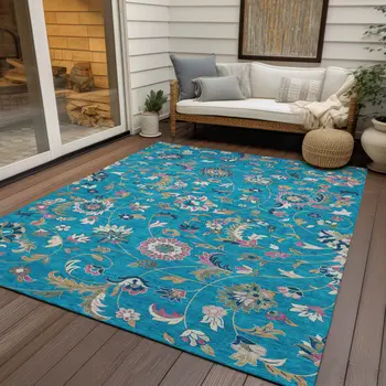 10' X 14' Teal Blue Ivory And Pink Floral Washable Indoor Outdoor Area Rug