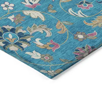10' X 14' Teal Blue Ivory And Pink Floral Washable Indoor Outdoor Area Rug
