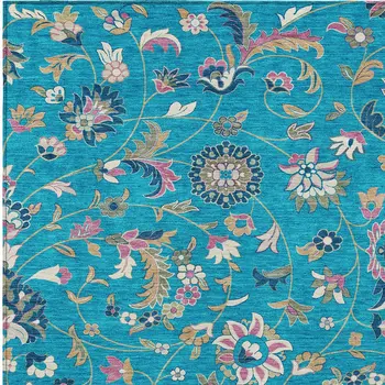 10' X 14' Teal Blue Ivory And Pink Floral Washable Indoor Outdoor Area Rug