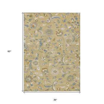 3' X 5' Wheat Blue And Ivory Floral Washable Indoor Outdoor Area Rug