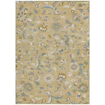 3' X 5' Wheat Blue And Ivory Floral Washable Indoor Outdoor Area Rug