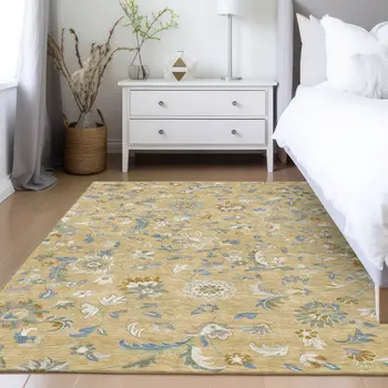 3' X 5' Wheat Blue And Ivory Floral Washable Indoor Outdoor Area Rug