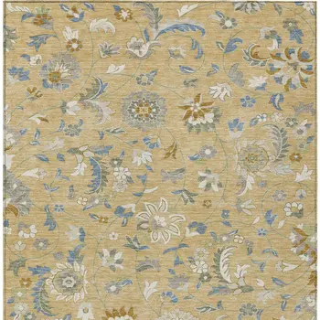 5' X 8' Wheat Blue And Ivory Floral Washable Indoor Outdoor Area Rug