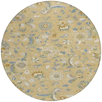 8' Wheat Blue And Ivory Round Floral Washable Indoor Outdoor Area Rug