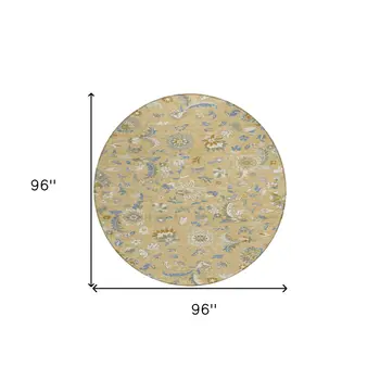 8' Wheat Blue And Ivory Round Floral Washable Indoor Outdoor Area Rug