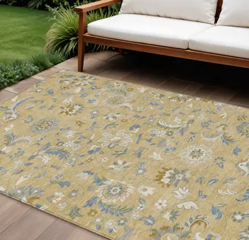9' X 12' Wheat Blue And Ivory Floral Washable Indoor Outdoor Area Rug