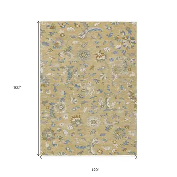 10' X 14' Wheat Blue And Ivory Floral Washable Indoor Outdoor Area Rug