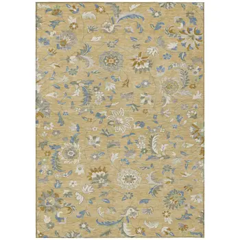 10' X 14' Wheat Blue And Ivory Floral Washable Indoor Outdoor Area Rug