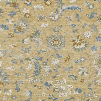 10' X 14' Wheat Blue And Ivory Floral Washable Indoor Outdoor Area Rug
