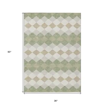 3' X 5' Artichoke Green Ivory And Beige Geometric Washable Indoor Outdoor Area Rug
