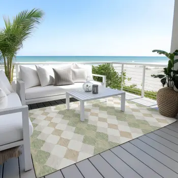 3' X 5' Artichoke Green Ivory And Beige Geometric Washable Indoor Outdoor Area Rug