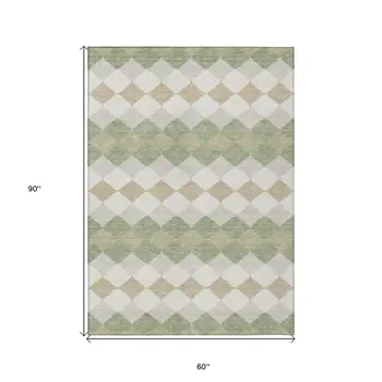 5' X 8' Artichoke Green Ivory And Beige Geometric Washable Indoor Outdoor Area Rug