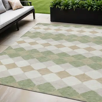 5' X 8' Artichoke Green Ivory And Beige Geometric Washable Indoor Outdoor Area Rug