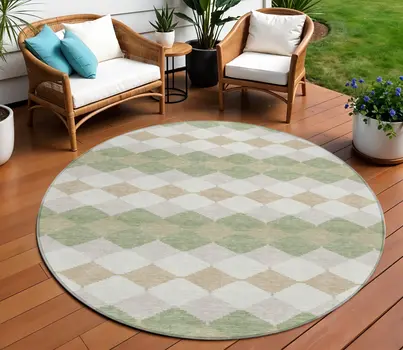 8' Artichoke Green Ivory And Beige Round Geometric Washable Indoor Outdoor Area Rug