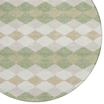 8' Artichoke Green Ivory And Beige Round Geometric Washable Indoor Outdoor Area Rug