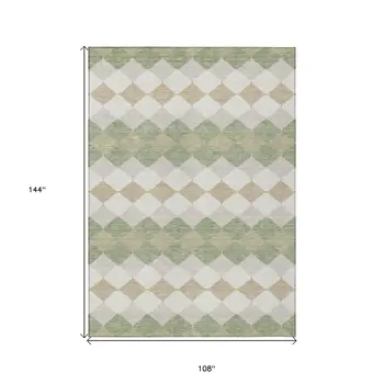 9' X 12' Artichoke Green Ivory And Beige Geometric Washable Indoor Outdoor Area Rug