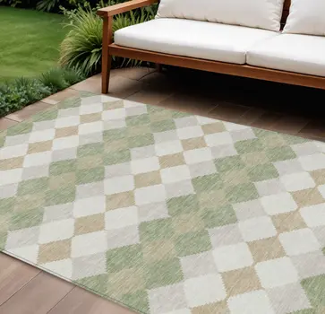 9' X 12' Artichoke Green Ivory And Beige Geometric Washable Indoor Outdoor Area Rug