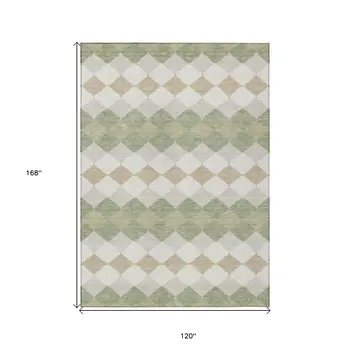 10' X 14' Artichoke Green Ivory And Beige Geometric Washable Indoor Outdoor Area Rug