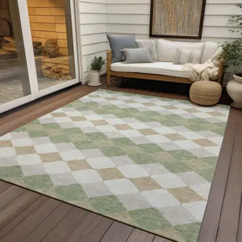 10' X 14' Artichoke Green Ivory And Beige Geometric Washable Indoor Outdoor Area Rug