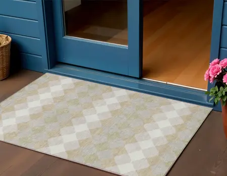 3' X 5' Beige Ivory And Gray Geometric Washable Indoor Outdoor Area Rug