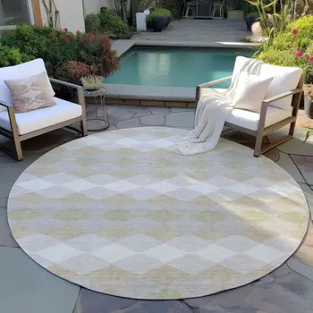 8' Beige Ivory And Gray Round Geometric Washable Indoor Outdoor Area Rug