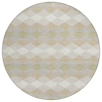 8' Beige Ivory And Gray Round Geometric Washable Indoor Outdoor Area Rug