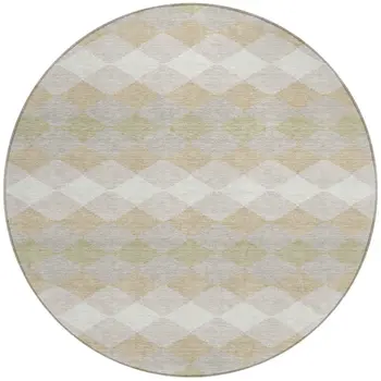 8' Beige Ivory And Gray Round Geometric Washable Indoor Outdoor Area Rug