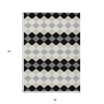 3' X 5' Black Ivory And Beige Geometric Washable Indoor Outdoor Area Rug
